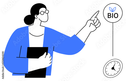 Woman holding clipboard, pointing to bio concept with a green leaf and clock symbol. Ideal for sustainability, eco-friendly practices, education, time management, healthy living, goal-setting, simple
