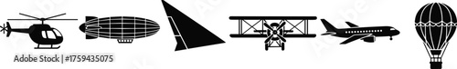 Aircraft silhouette set, helicopter, jet, biplane, blimp, hot air balloon, aviation icons, flight illustration, stock image, transport concept
