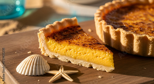 Delicious slice of custard tart with seashell and starfish on a wooden serving board indeed