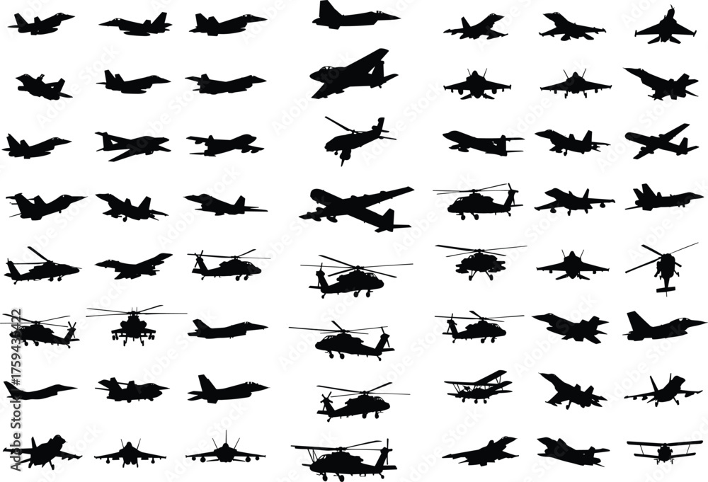 Naklejka premium Aircraft silhouette grid, fighter jets, helicopters, transport planes, aviation icons, military aircraft set, flight illustration, stock image, vector concept