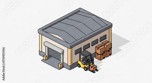 Isometric warehouse building with forklift and boxes distribution center for storage and shipping