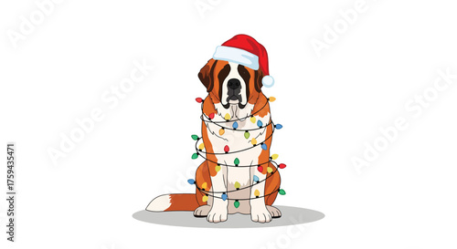 Adorable Saint Bernard dog wearing a Santa hat and tangled in colorful Christmas lights.