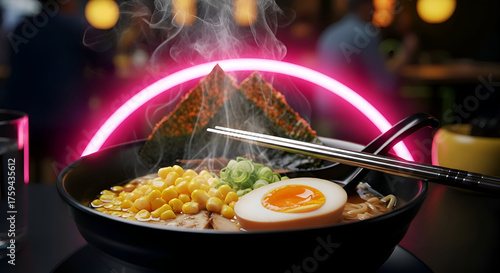 Delicious Ramen Bowl with Neon Ring for Modern Asian Cuisine Illustration