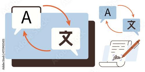 Text bubbles with letters, arrows indicating translation flow, computer screen, and signed document. Ideal for language, translation, communication, technology, education content creation global