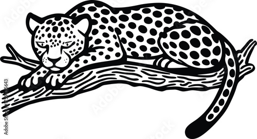 Stylized black and white illustration of a leopard resting on a tree branch on white background 