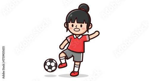 Cartoon girl in red jersey playing soccer with a ball