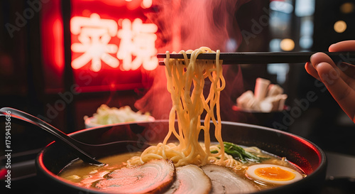 Delicious ramen noodles in a bowl with chopsticks against a japanese restaurant background