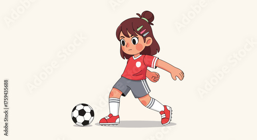 Cartoon girl in red jersey playing soccer