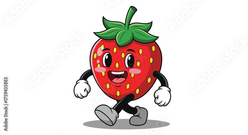 Cheerful cartoon strawberry character with a happy expression walking with arms and legs.