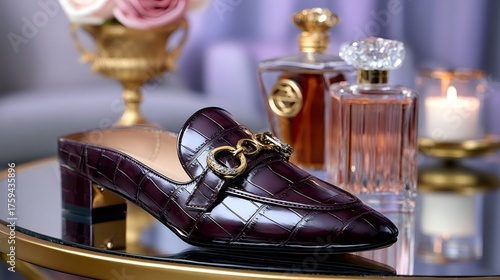 Leather shoe and perfume bottles displaying luxury fashion