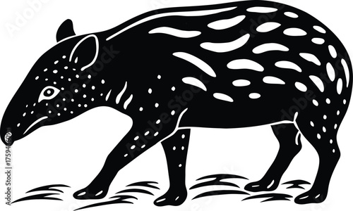  A silhouette Stylized linocut illustration of a black tapir with white spots and stripes on a white background