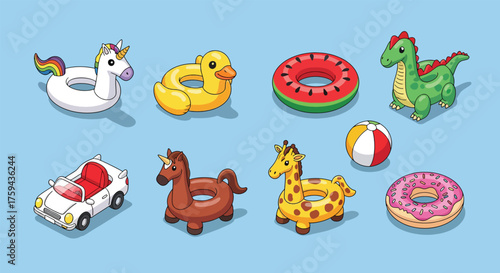 Collection of inflatable pool toys in various fun shapes.