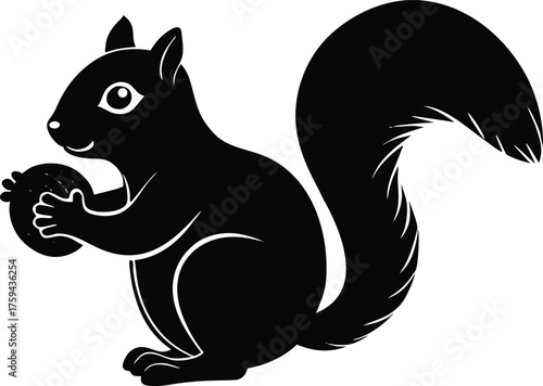 Black silhouette of a cute squirrel holding a nut with a bushy tail on a white background