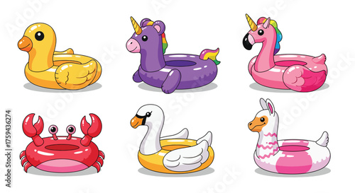 Collection of six colorful inflatable pool floats in animal and mythical creature shapes.