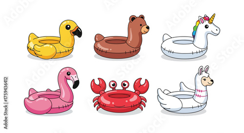 Collection of whimsical inflatable pool floats shaped like animals and mythical creatures.
