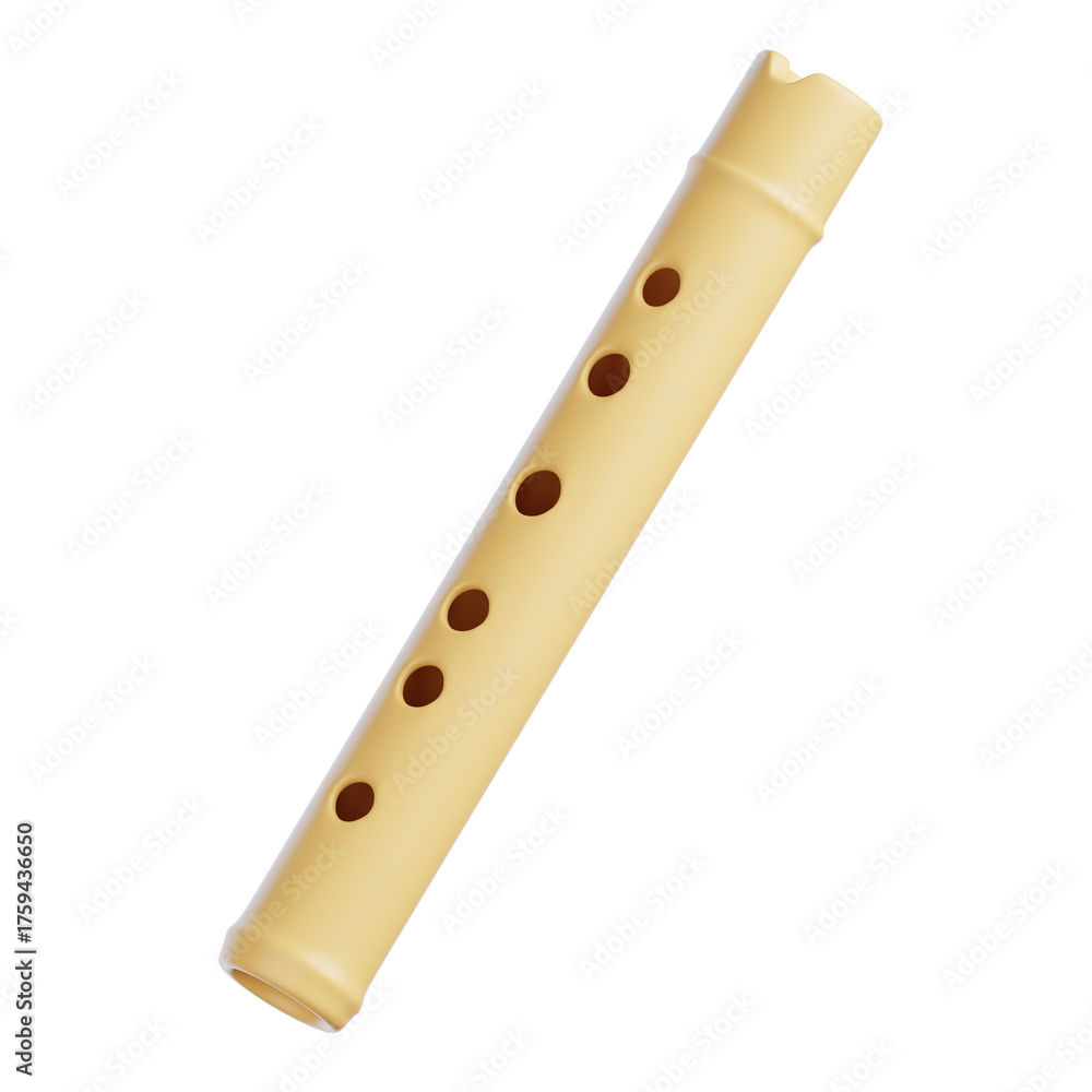 Fototapeta premium A Bamboo Suling Flute With Brown Finger Holes Renders Isolated On A White Background With No Shadows Or Reflections