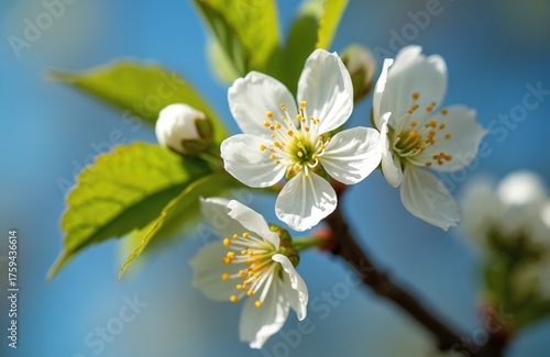 Close-up view displays white cherry blossoms with green leaves on tree branch against blurred blue sky in daylight. Petals surround stamens in spring bloom season. Floral freshness.