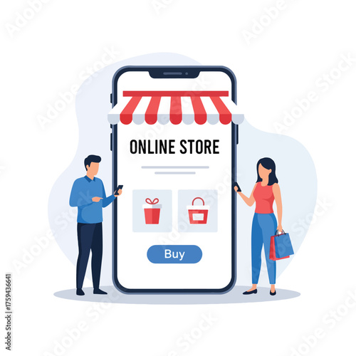 Couple shopping online using mobile phone with store interface.