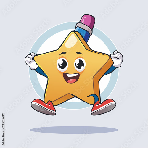 A joyful star mascot character with a pencil eraser hat and red shoes is cheerfully jumping