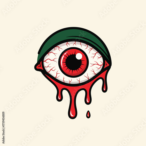 Dripping Red Eyeball with Green Eyelid and Veins.
