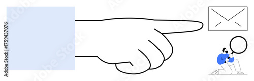 Giant hand pointing to a mail envelope, tiny figure with magnifying glass examining details. Ideal for investigation, communication, direction, focus, email notifications, analysis, simple flat