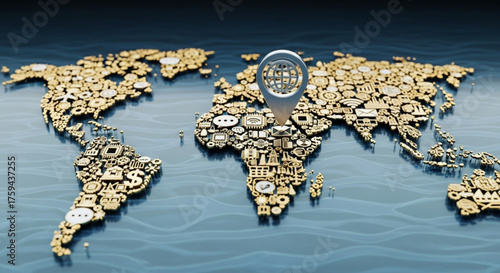 Global business map location pin icon world connection international network digital technology concept for travel
