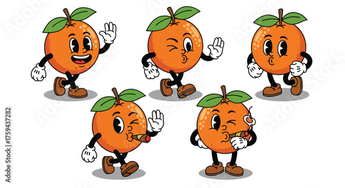 Five Cartoon Oranges with Arms Legs and Expressive Faces.