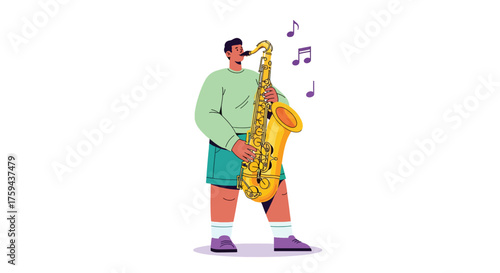Man playing a golden saxophone with musical notes.