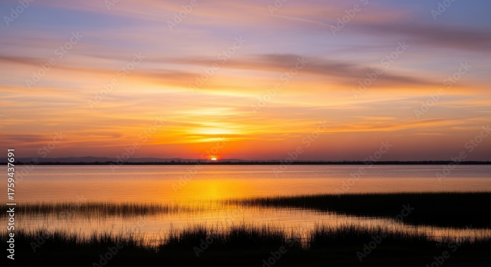 Fototapeta premium Serene sunset over tranquil lake with vibrant sky reflections for wall art and decor