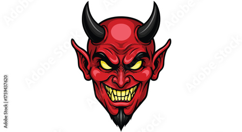 Menacing Red Devil Face with Sharp Horns and Glowing Eyes.