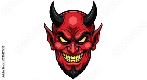 Menacing Red Devil Face with Sharp Teeth and Black Horns.