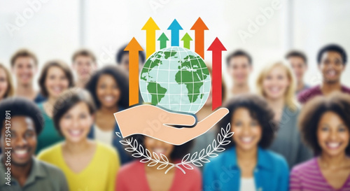 Diverse group of people with a globe in hand and arrows pointing up, representing global growth and success
