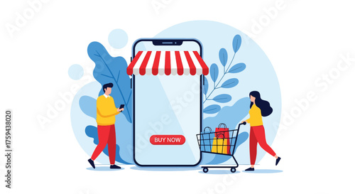 Smartphone as a digital storefront with shoppers and shopping cart.