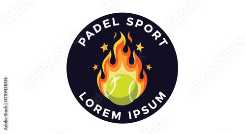 Dynamic Padel Sport Logo with Flaming Ball and Stars for Club Branding, Event Promotion, or Athletic Apparel Design. Vibrant Vector Illustration for Competitive Game Themes and Tournaments