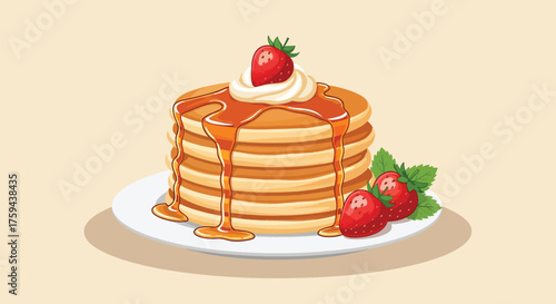 Stack of Golden Pancakes with Whipped Cream Strawberries and Syrup.