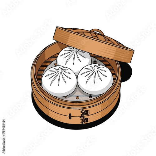 Steaming Bamboo Basket Filled with Three Delicious Dumplings.