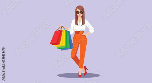 Stylish Woman Holding Colorful Shopping Bags with Sunglasses.