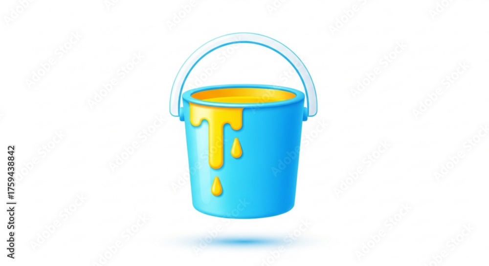 Illustration of a paint bucket, a container used to hold paint, with yellow paint dripping down the sides