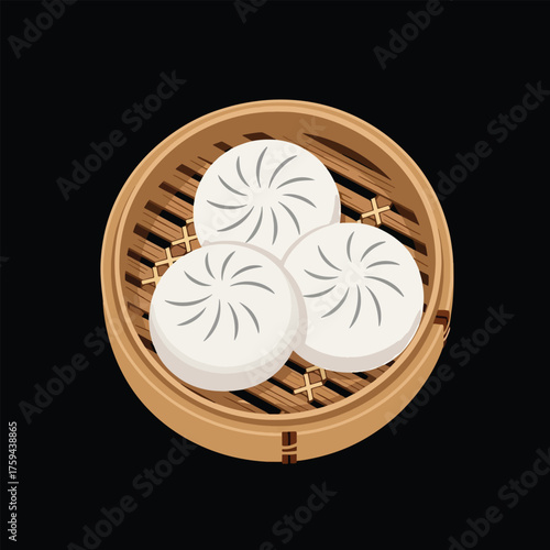 Three Steamed Buns in a Bamboo Steamer Basket.