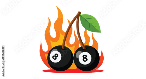 Two 8ball pool cherries on fire with flames.