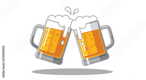 Two Frothy Beer Mugs Clinking Together in Celebration.