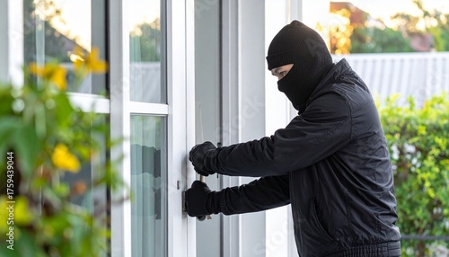 Masked burglar in a black balaclava using a tool to break into a residential home, illustrating the threat of home invasion and property crime