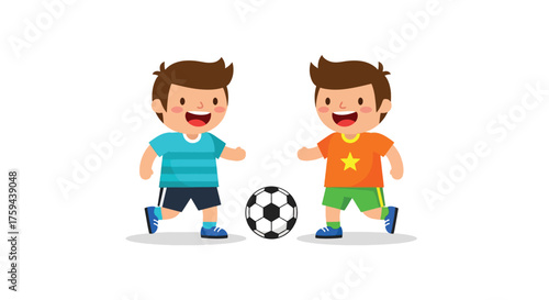 Two happy cartoon boys playing soccer together with a ball.