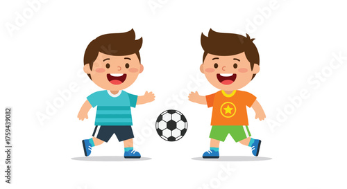 Two happy cartoon boys playing soccer with a ball.