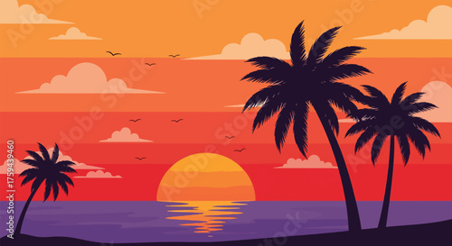 Vibrant Tropical Sunset with Silhouetted Palm Trees Over the Ocean.