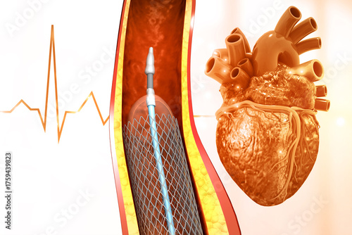 Human heart angioplasty, stent implantation. 3d illustration