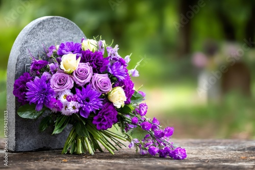 Wallpaper Mural Purple flowers bouquet resting on tombstone in cemetery Torontodigital.ca