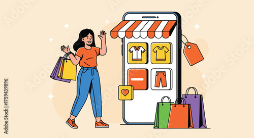 Woman with Shopping Bags Interacting with Online Store on Smartphone Screen.