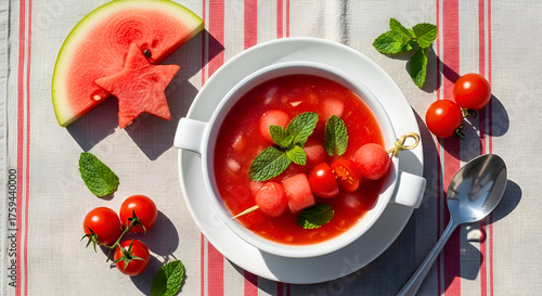 Delicious summer gazpacho soup with watermelon tomatoes and mint, a healthy recipe