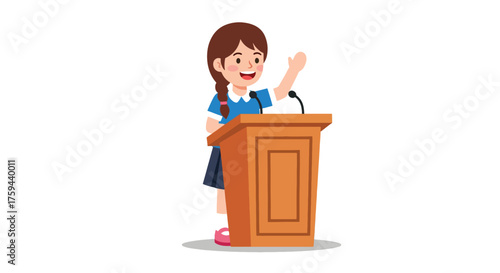 Young girl enthusiastically speaking from a wooden podium with microphone.